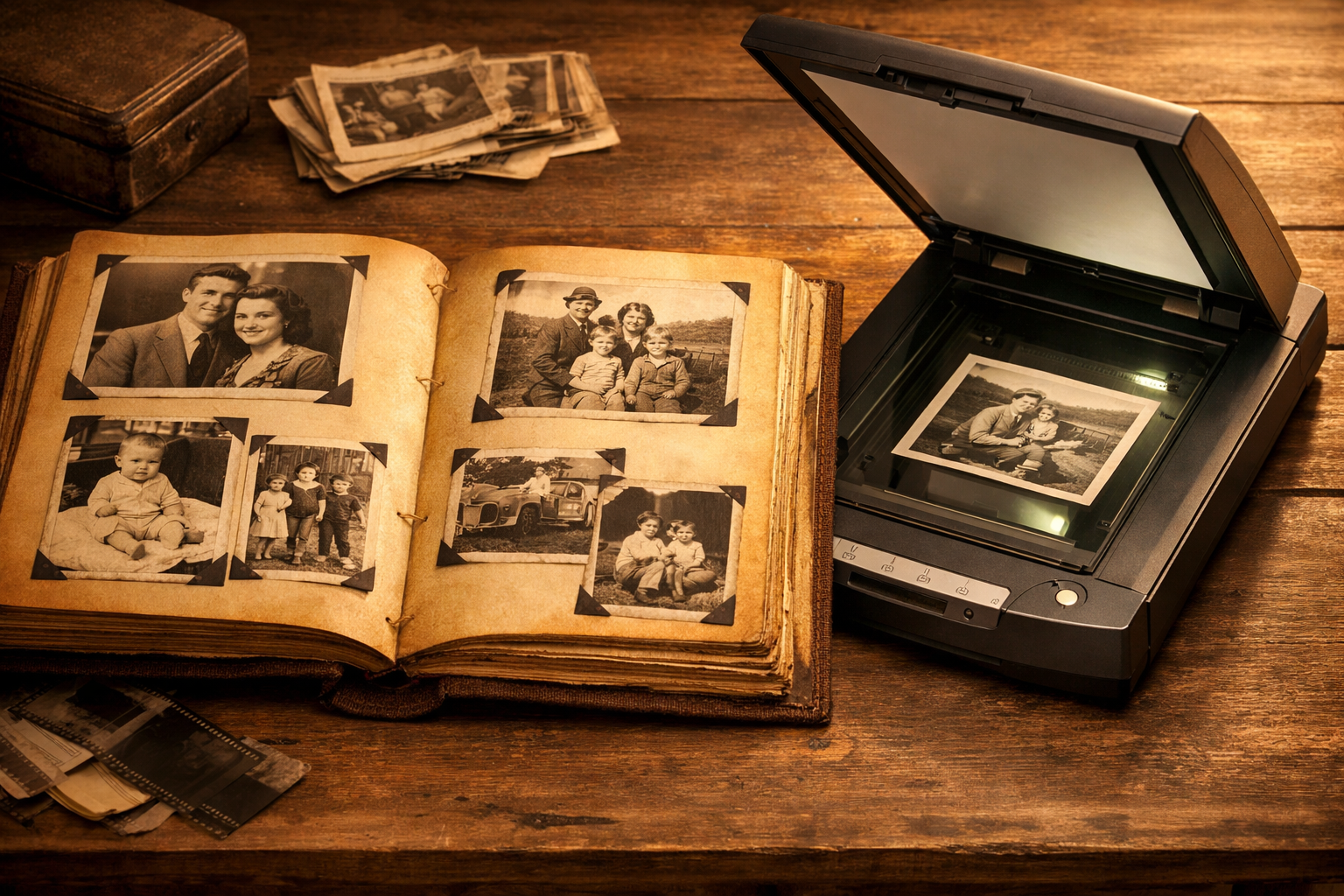Eski aile fotoğraf albümü ve dijitalleştirme ekipmanı